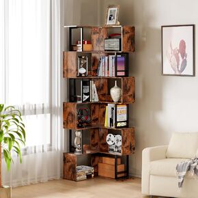 7-Tier Corner Bookshelf, 70.86 Inches Tall Corner Bookcase, Industrial Wood and Metal Corner Shelf, Large Modern Display Rack for Living Room, Home Office Storage, Brown