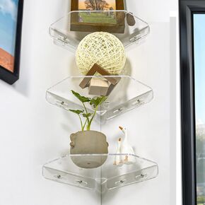 OAPRIRE Acrylic Corner Shelf Wall Mounted Set of 3, Easy-to-Assemble Corner Floating Shelves Organizer with Adhesive, Wall Shelf for Living Room Bedroom Bathroom Kitchen (Clear)
