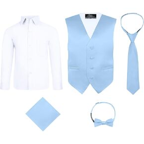 S.H. Churchill & Co. Boys Light Blue 5 Piece Vest Set with White Dress Shirt - Includes Bow Tie, Long Tie, Pocket Hanky - Size 7