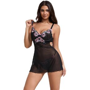 Ohyeahlady نساء مثير Babydoll Laceie Lingerie Black Chemise Lightgowns شفقة ليلية مع ثونغ مجموعة بيجامات S-2XL