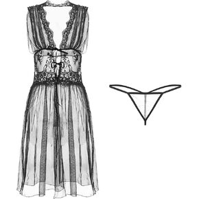 نساء من خلال الدانتيل Chemise Babydoll Boudoir ملابس النوم مثير الإهمال الأمامي المفتوح الغريب مع ثونغ (G-string)