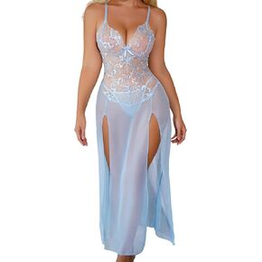 SHENHE Women's Lace Lingerie Babydoll Mesh Nightdress V Neck Chemise Slit Long Nightgown and Thong