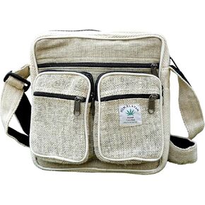 Fwosi Hemp Crossbody Messenger Bag - Unisex Plain School Tote Lightweight, Bohemian Shoulder Sling Bags 4 Compartments, Zipper Closure, Adjustable Strap Handmade in Nepal, Natural White