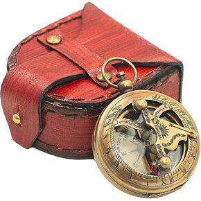 Vintage Brass Sundial Compass with Leather Case – 2-Inch Pocket Compass for Accurate Navigation, Hiking, Camping, and Collectible Gift