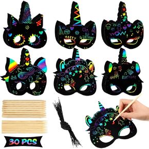 30 PCS Mask Scratch Mask Mask Rainbow Paper Art ، قلم خشبي ، نطاقات مرنة Scratchboard Party Adefics for Unicorn Party Supplies