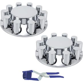 Front Axle Cover Kits ABS Chrome Plastic with 33mm Push-on Flange Nut Covers for Semi Trucks in Pairs, Flat Top, 2 Set