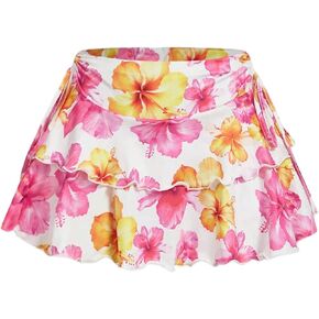 Milumia Women Floral Layered Ruffle Skirt Mid Waist Drawstring Side Lettuce Hem Mini Skirts