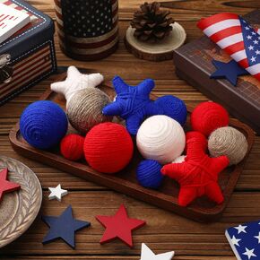 Syhood 16 Pcs 3 Sizes 4th of July Decorative Balls Rustic Patriotic Yarn Rope Balls Decoration Red White Blue Stars Memorial Day Independence Day Home Table Decor for DIY Craft Vase Bowl Filler