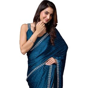 TRENDMALLS Women's Satin Silk Zarkan Work Saree with Unstitch Blouse Piece