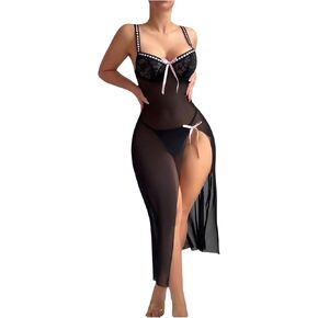 شينه نساء القوس الدانتيل الملابس الداخلية babydoll مثيرة الشبكة انزلاق فستان عالي الشق الطويل قميص طويل
