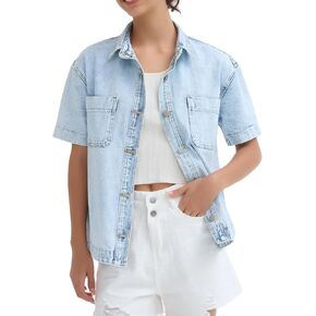 LifeShe Women Denim Shirt Short Sleeve Button Down Jean Jacket Shacket