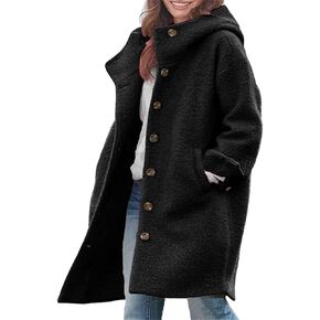 chouyatou Women's Winter Single Breasted Long Wool Coat with Hood Casual Wool Blend Trench Coat Jacket