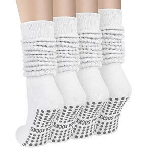 4 Pairs Pilates Grip Scrunch Socks for Women, Long Cotton Non Slip Slouch Yoga Calf Socks Slipper Crew Stockings