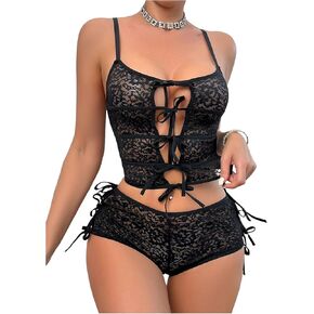 SOLY HUX Women's Lace Lingerie Set Tie Front Cut Out Sheer Bra and Panty Sets
