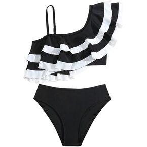 Verdusa Girl's 2 Piece Ruffle Bikini Set Tiered Layered Asymmetrical Vacation Swimsuits
