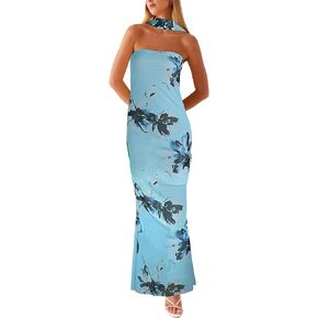 Womens Floral Strapless Dress Y2k Backless with Scarf Tube Maxi Long Dresses Sexy Mesh Bodycon Beachwear