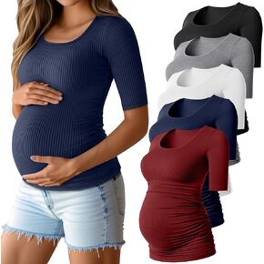 5 Pack Women's Cotton Ribbed Maternity Shirts Bulk, Half Sleeve Scoop Multipack Side Ruched Pregnancy Summer Tees
