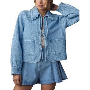 Kedera Womens Denim Jacket Casual Long Sleeve Peter Pan Collar Denim Shirts Tie Front Shacket Loose Fit Top