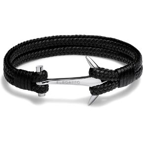 Elegatto Anchor Leather Duo Premium Double Lofrided Leather Bracelet للرجال | جلد كامل الحبوب مع الفضة الاسترليني مصقول المصقول من الفولاذ المقاوم للصدأ المشبك | أساور مصمم الرجال