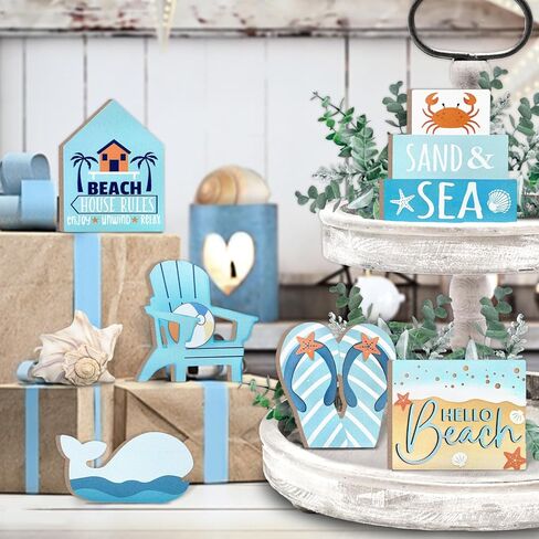 ديكور صيفي صيفي ، Hello Beach Blue Tray Decorations ، Coastal Chair Whale Crab Flip Flops House علامات خشبية ، ديكور مزرعة البحر الصيفي الصيفي للمنزل على الطاولة المنزلية رف الجرف in Kuwait