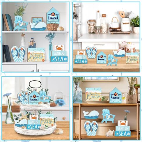 ديكور صيفي صيفي ، Hello Beach Blue Tray Decorations ، Coastal Chair Whale Crab Flip Flops House علامات خشبية ، ديكور مزرعة البحر الصيفي الصيفي للمنزل على الطاولة المنزلية رف الجرف in Kuwait