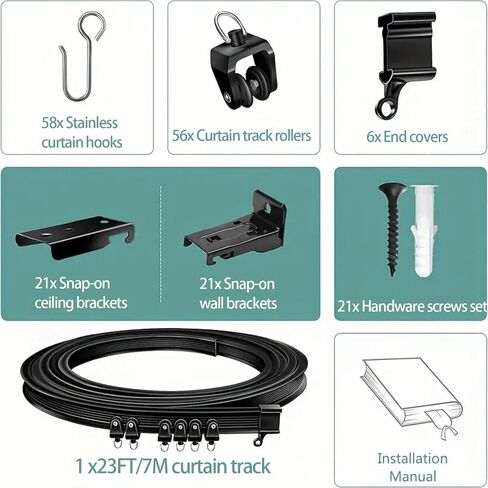Flexible Bendable Curtain Track Ceiling or Wall Mount 23FT(7m)- Ceiling Curtain Track,- Easy to install curtain rails,Black in Saudi Arabia