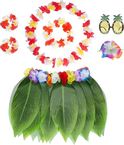 7 Pcs Hula Outfits Hawaiian Flowers Leaf Skirts for Women Dress Outfits Tropical Grass Skirts for Beach Party Favors in Saudi Arabia