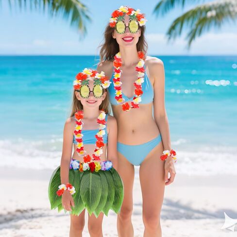 7 Pcs Hula Outfits Hawaiian Flowers Leaf Skirts for Women Dress Outfits Tropical Grass Skirts for Beach Party Favors in Saudi Arabia