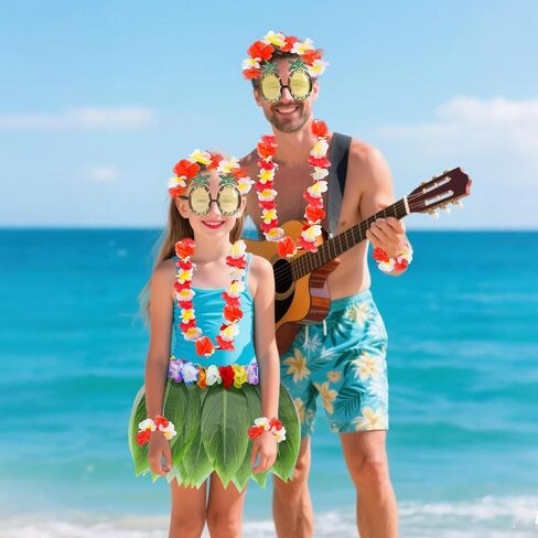 7 Pcs Hula Outfits Hawaiian Flowers Leaf Skirts for Women Dress Outfits Tropical Grass Skirts for Beach Party Favors in Saudi Arabia