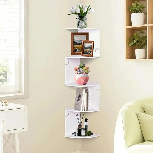 ShellKingdom Corner Shelf Wall Mount, 5 Tier Corner Bookshelf, Floating Display Shelves for Home, Living Room, Bedroom, Office, Bathroom, Small Spaces Decorations, 7.87 X 7.87 X 33.46 INCHES (White) in Saudi Arabia