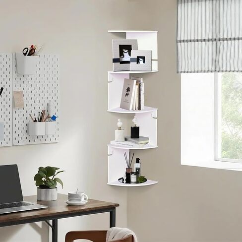 ShellKingdom Corner Shelf Wall Mount, 5 Tier Corner Bookshelf, Floating Display Shelves for Home, Living Room, Bedroom, Office, Bathroom, Small Spaces Decorations, 7.87 X 7.87 X 33.46 INCHES (White) in Saudi Arabia