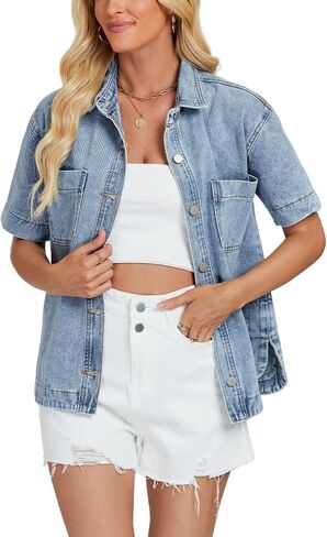 LifeShe Women Denim Shirt Short Sleeve Button Down Jean Jacket Shacket in Saudi Arabia