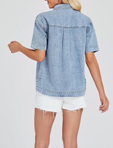 LifeShe Women Denim Shirt Short Sleeve Button Down Jean Jacket Shacket in Saudi Arabia