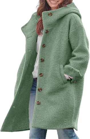 chouyatou Women's Winter Single Breasted Long Wool Coat with Hood Casual Wool Blend Trench Coat Jacket in Kuwait