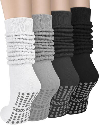 4 Pairs Pilates Grip Scrunch Socks for Women, Long Cotton Non Slip Slouch Yoga Calf Socks Slipper Crew Stockings in Saudi Arabia