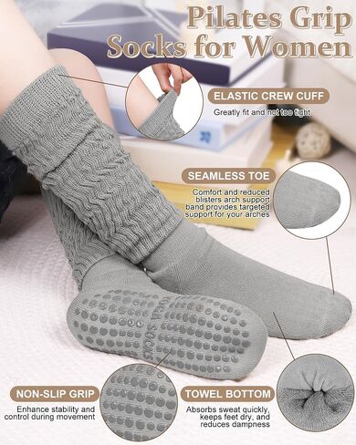 4 Pairs Pilates Grip Scrunch Socks for Women, Long Cotton Non Slip Slouch Yoga Calf Socks Slipper Crew Stockings in Saudi Arabia