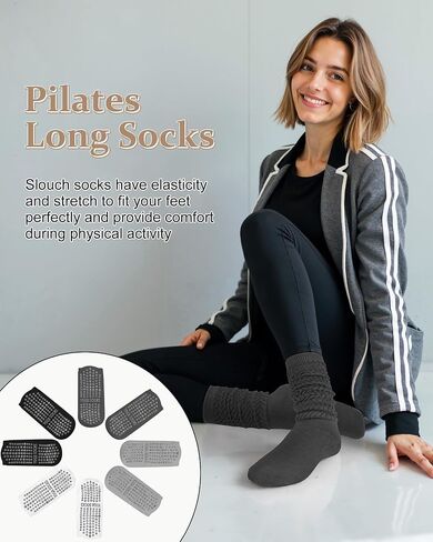 4 Pairs Pilates Grip Scrunch Socks for Women, Long Cotton Non Slip Slouch Yoga Calf Socks Slipper Crew Stockings in Saudi Arabia