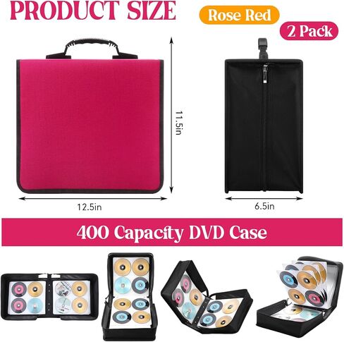 2 Pcs 400 Capacity CD/DVD Case DVD Case Holder Organizer CD Storage Wallets Protective with Zipper 600D Oxford Cloth Disc Wallet for Booklet Album Car Home Office (Rose Red) in Saudi Arabia