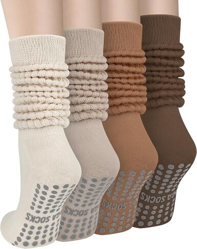 4 Pairs Pilates Grip Scrunch Socks for Women, Long Cotton Non Slip Slouch Yoga Calf Socks Slipper Crew Stockings in Saudi Arabia