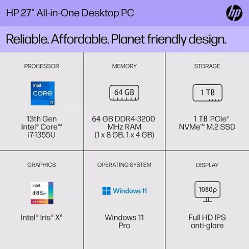 HP All-in-One Desktop Computer, 11th Generation Intel Core i5-1135G7 Processor, Intel Iris Xe Graphics, 8 GB RAM, 256 GB SSD, Windows 10 Home (27-dp1006, Natural Silver) in Kuwait