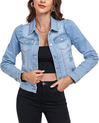 Anienaya Women's Jean Jacket Cropped Denim Jackets Stretchy Puff Long Sleeve Ripped with Pockets in Kuwait
