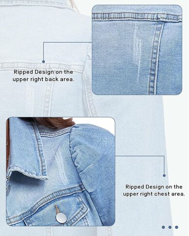 Anienaya Women's Jean Jacket Cropped Denim Jackets Stretchy Puff Long Sleeve Ripped with Pockets in Kuwait