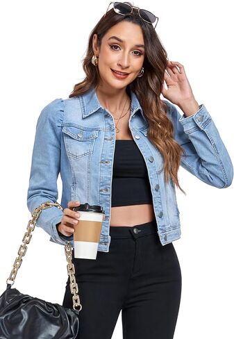 Anienaya Women's Jean Jacket Cropped Denim Jackets Stretchy Puff Long Sleeve Ripped with Pockets in Kuwait