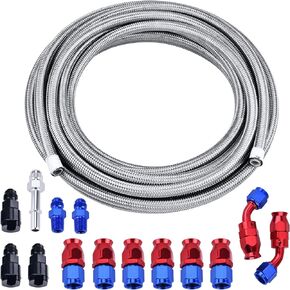 مجموعة تركيب خط الوقود 6AN 3/8 بوصة PTFE LS Swap EFI، مجموعة خط الوقود PTFE 25FT، E85 نايلون مضفر خرطوم الوقود خط حقن خرطوم غاز الزيت مع 14 قطعة طقم محول تركيب خرطوم الوقود PTFE - فضي