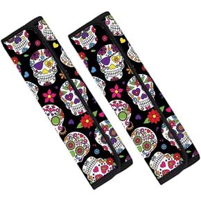 Pensura Sugar Skull Car Seat Belt Cover 2 Pack Auto Shoulder Seatbelt Pads Multiuse for Backpack Camera Lap Case Shoulder Straps for Adults Kids
