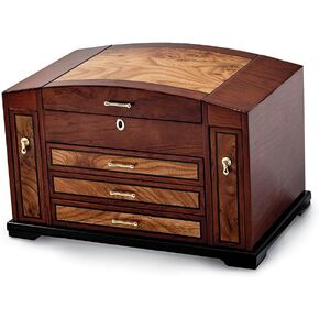 Diamond2Deal Bubinga Veneer Elm Burl Inlay 3 Drawer with Slide-Out Sides Jewelry Box for Women