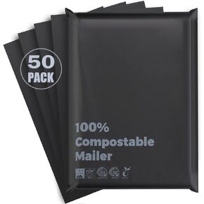 100% Compostable 10x15 inch Shipping Bags with Self Seal Waterproof Shipping Mailers with Eco Friendly Packaging Envelopes Supplies Mailing Bags BPI Certified Black, 50 Counts
