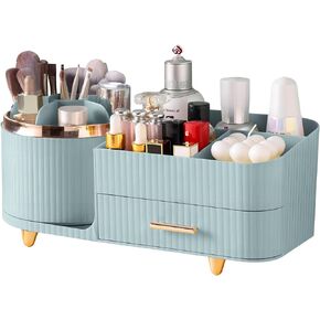 DASITON 360° Rotating Makeup Organizer with Drawers-Large Capacity Cosmetic Display Case for Skincare,Brushes,Eyeshadow&Lipstick(Green)