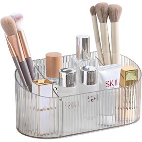 DASITON Capacity Makeup Brush Holder,5 Slot Makeup Brush Holder,Vintage striped Make Up Brush Holder,for Vanity Decor,Bathroom Countertops,Desk Storage Container,Cosmetic Display cases(Clear)