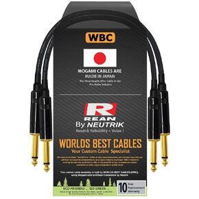 WORLDS BEST CABLES 2 Units - 11 Inch -Pedal, Effects, Patch, Guitar Instrument Cable Custom Made Made Using Mogami 2319 Wire and Neutrik-Rean NYS224BG Gold ¼ inch (6.35mm) TS Plugs